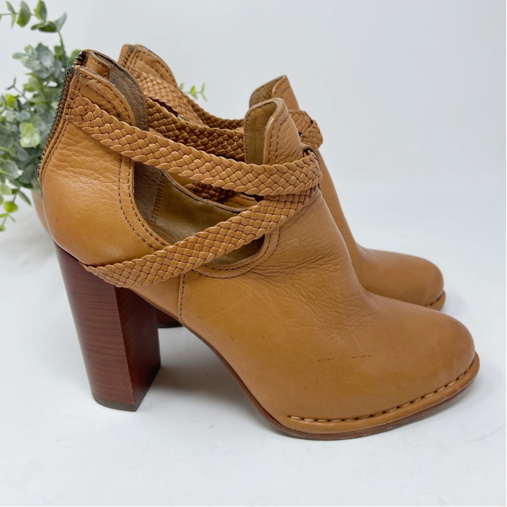 Frye Tan Braided-Strap Block Heel Ankle Boots 8.5 Womens